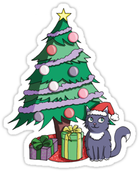 Santa Cat Under A Christmas Tree Sticker - Sankt-katze Unter Einer Kissen (375x360), Png Download