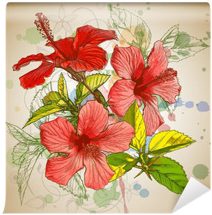 Hibiscus Flowers & Watercolor Background Wall Mural - Hibiscus Design Shower Curtain (400x400), Png Download