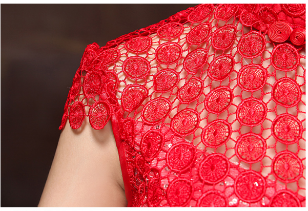Red Circle Pattern Lace Mandarin Collar Cap Sleeve - Dress (600x800), Png Download