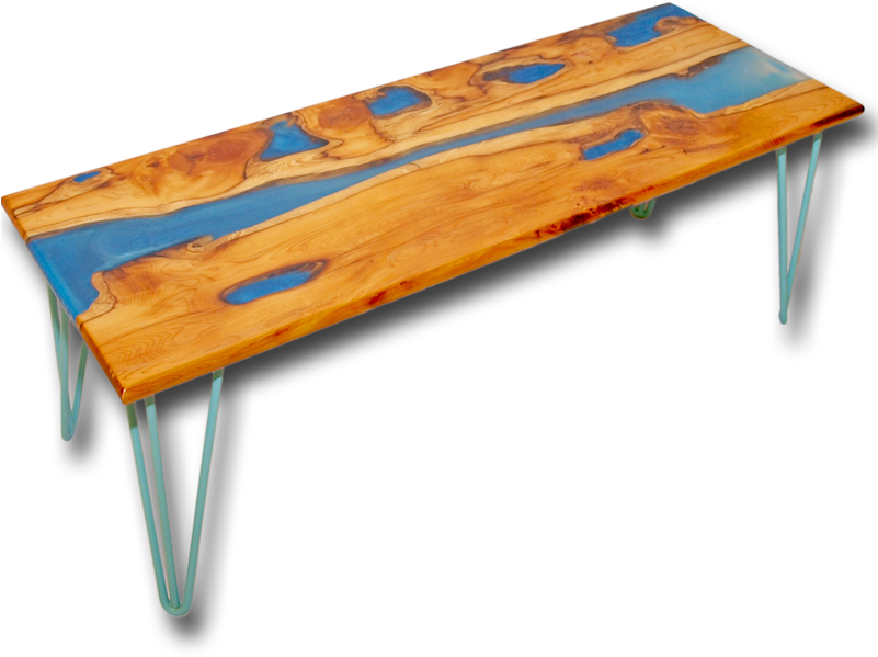 Live Edge Yew Wood & Blue Resin River Coffee Table - Live Edge Office Desk With River (800x800), Png Download