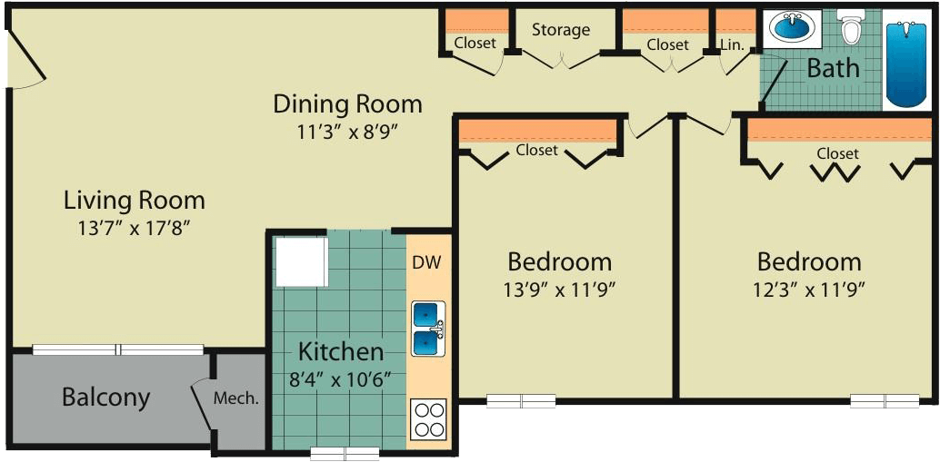 The Westwinds Two Bedroom With Balcony Floor Plan - Floor Plan (1114x565), Png Download