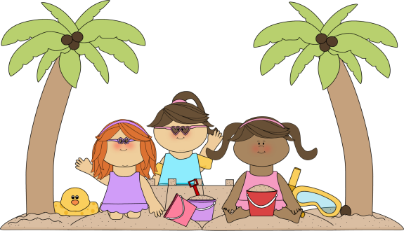 Sandy Beach Clipart June Beach - Kids At The Beach Clip Art (575x330), Png Download