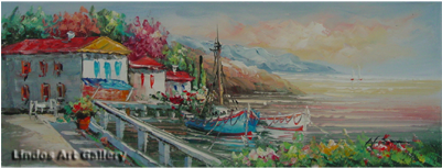 Greek Harbour Boats And Houses Painting - Painting (400x462), Png Download