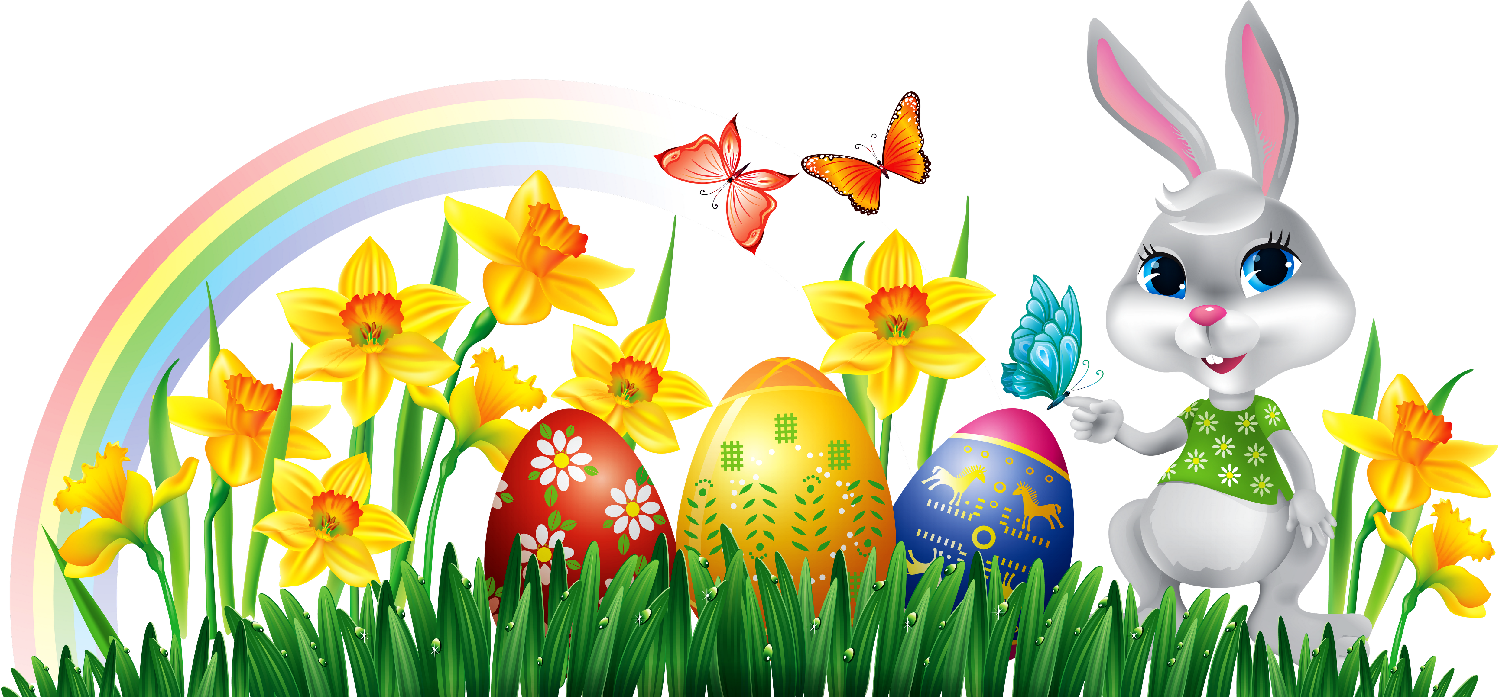 Easter Bunny With Daffodils Eggs And Grass Decor Png - Easter Bunny With Eggs Clipart (5036x2373), Png Download