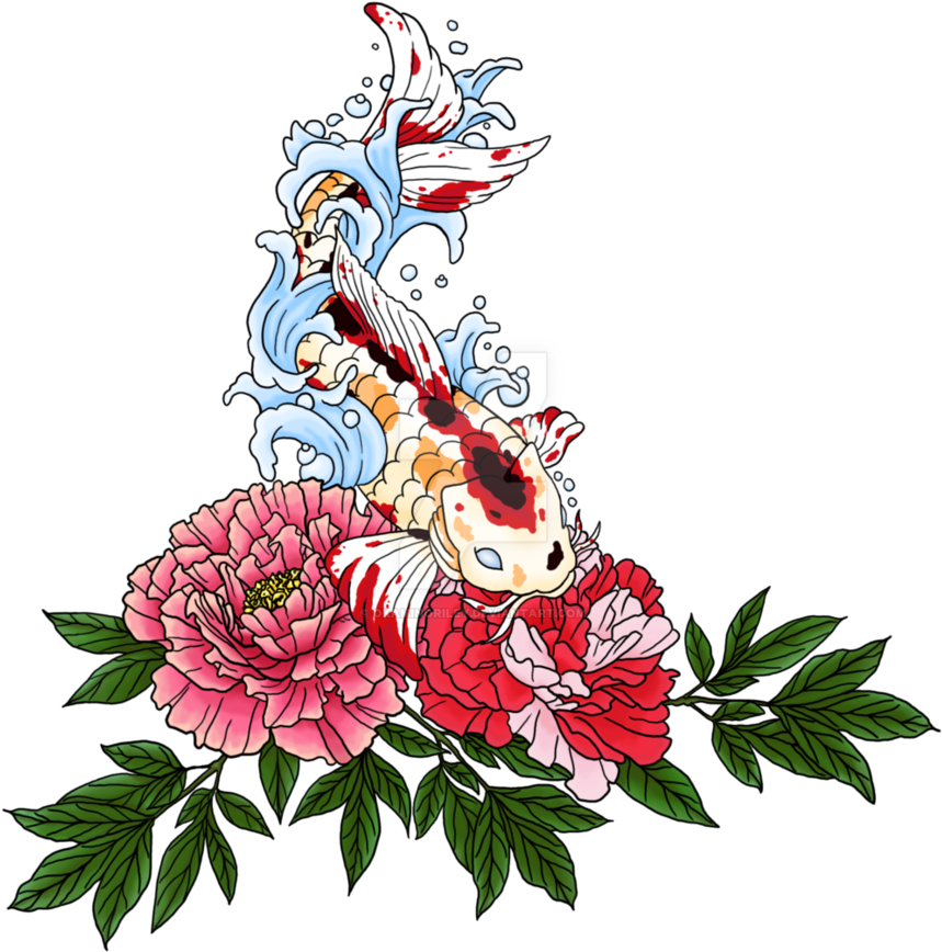 Koi Peony Tattoo - Colorful Peony Tattoo Design (885x903), Png Download