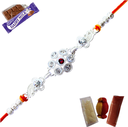 Silver Rakhi With White And Red Diamond - Cadbury Dairy Milk Chocolate Bars, 12-count (435x435), Png Download