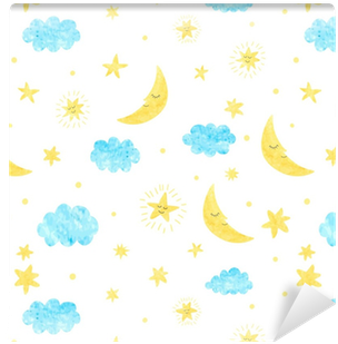 Childish Seamless Pattern With Moon, Clouds And Stars - Papel De Parede Autocolante Nuvens E Estrelas 589039781 (400x400), Png Download