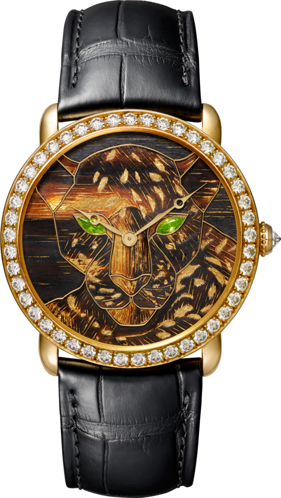 Ronde Louis Cartier Wood And Gold Leaf Marquetry Watch36 - Révélation D Une Panthère Watch Black Gif (577x1024), Png Download