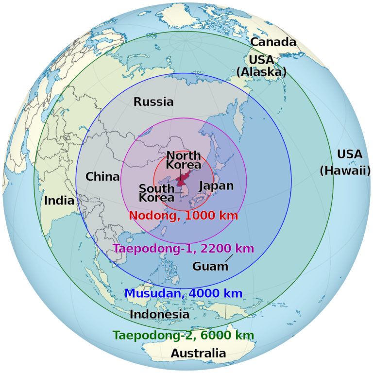 Map Showing The Ranges Some North Korean Ballistic - North Korea Nuclear Weapons Reach (768x768), Png Download