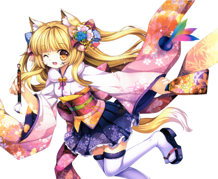 Renders Fille Blonde Kitsune Renard Kimono Pinceau - Anime Art Girl Transparent (719x590), Png Download