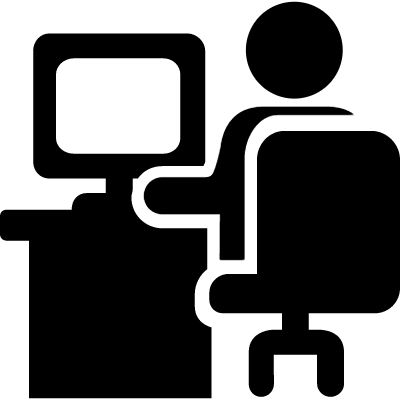 Man Sitting On Office Desk Working In Front A Monitor - Working On Computer Icon Png (400x400), Png Download