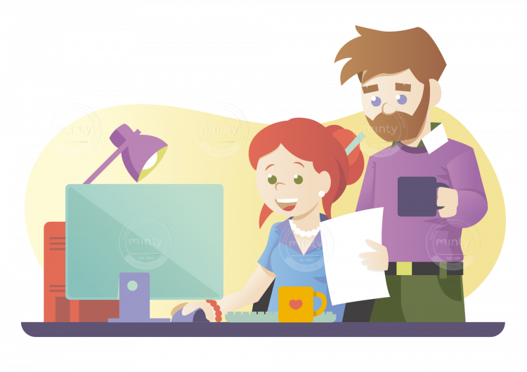 A Woman Working On A Computer, While A Man Is Watching - Man Computer Cartoon Transparent (750x530), Png Download