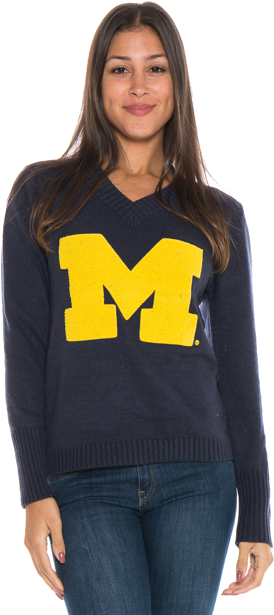 Michigan Wolverines Women's V-neck Sweater - Girl (853x1280), Png Download