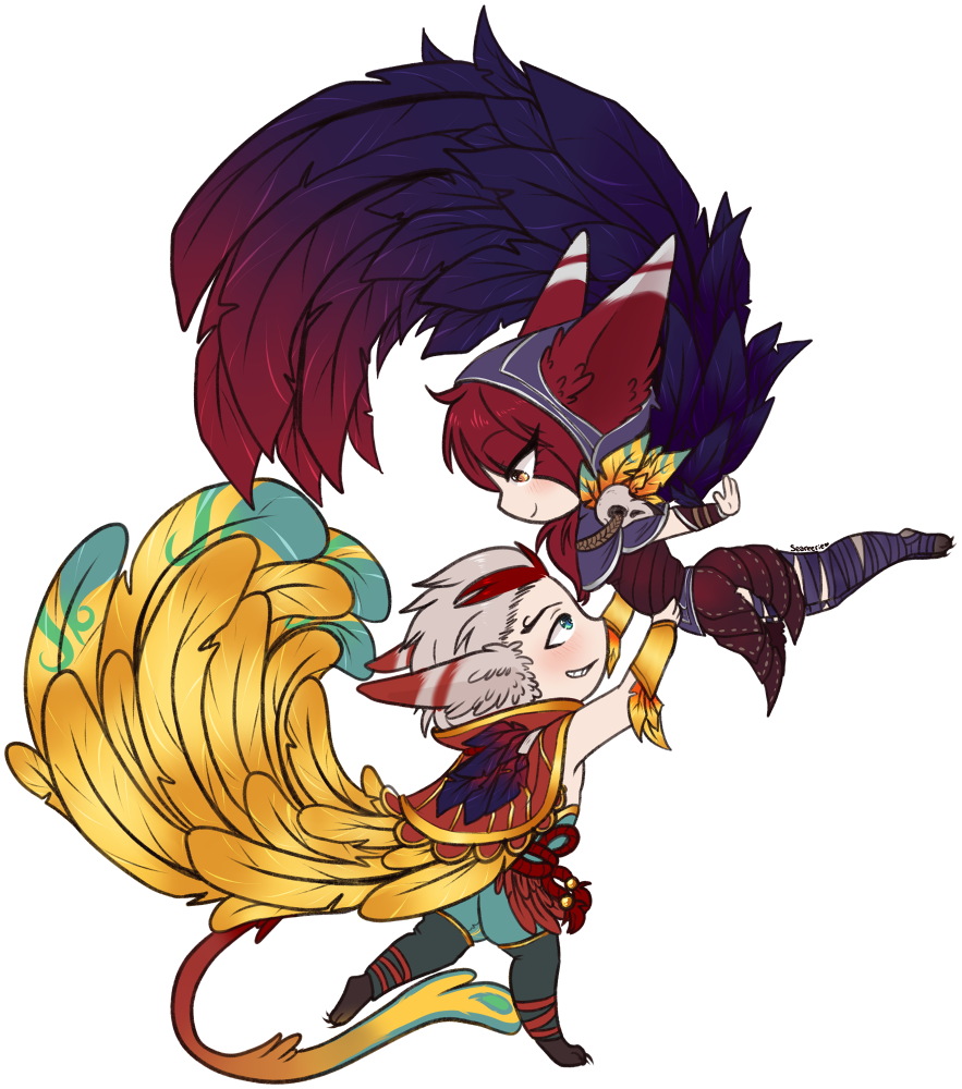 Seareerie Get Down With Me - League Of Legends Xayah And Rakan Chibi (883x1000), Png Download