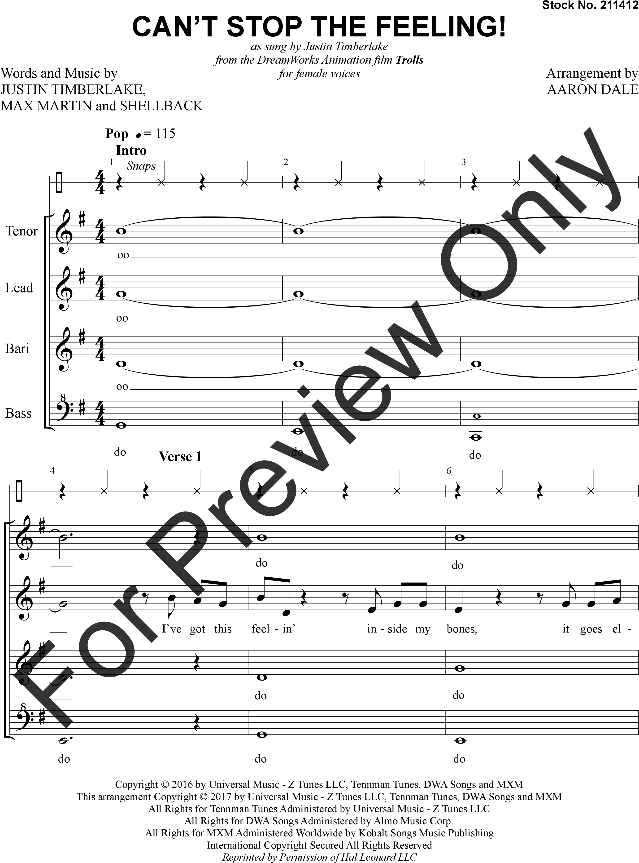 Thumbnail Can't Stop The Feeling - Sheet Music (3060x3960), Png Download