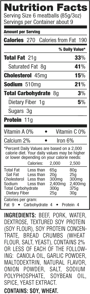 View Nutrition Facts - Wellsley Farms Turkey Meatballs Nutrition (400x1245), Png Download