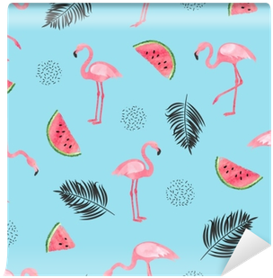Seamless Tropical Trendy Pattern With Watercolor Flamingos, - Pattern Background Flamingo Tropical (400x400), Png Download