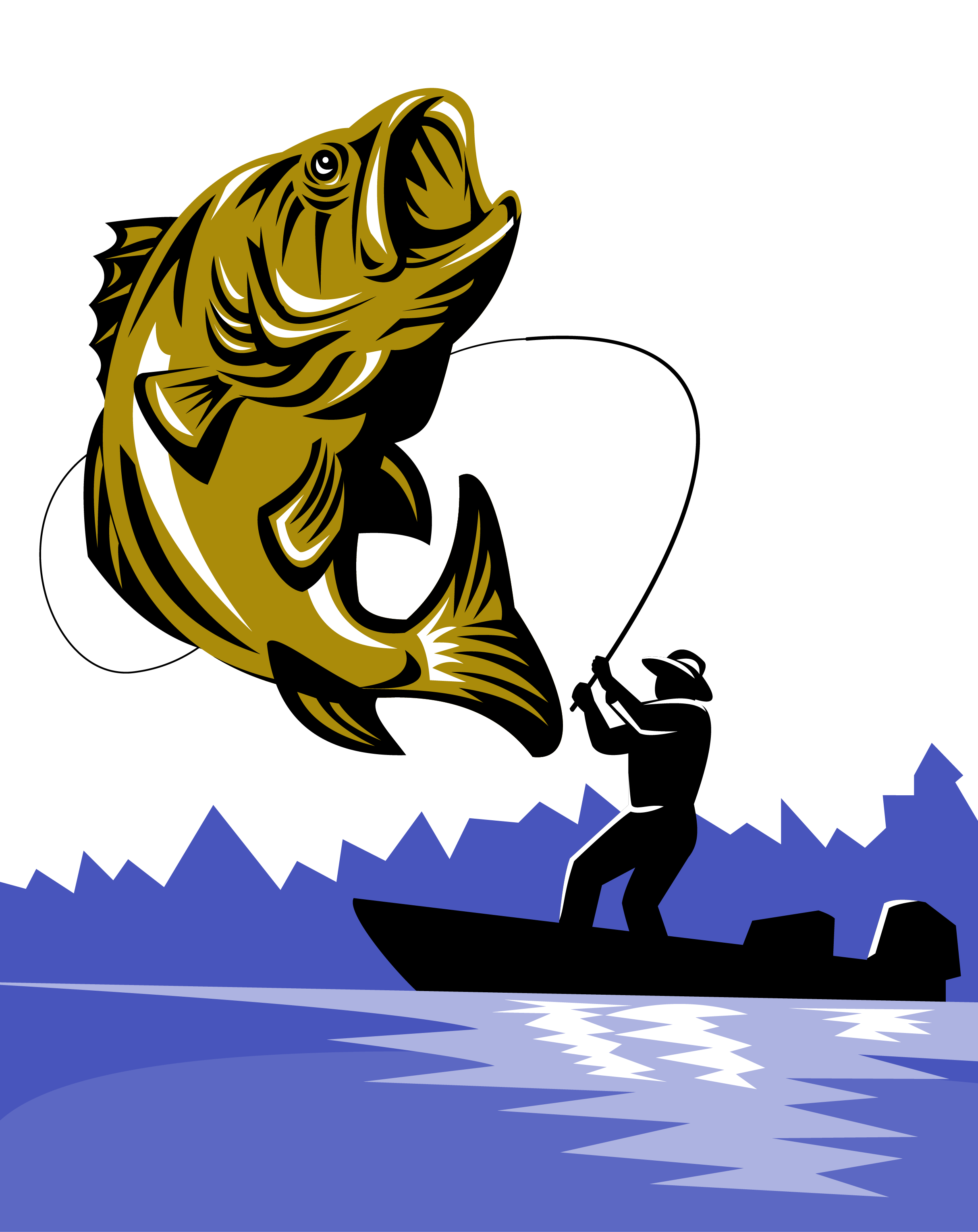 Bass Fishing Fishing Rod Fly Fishing - Largemouth Bass Fish And Fly Fisherman (2427x3058), Png Download
