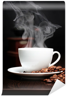 Coffee Cup With Smoke, Grinder And Grain Against Black - Humo De Cafe (400x400), Png Download