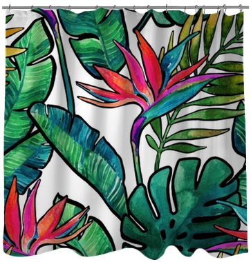 Watercolor Tropical Leaves And Flowers With Contour - Watercolor Painting (400x400), Png Download