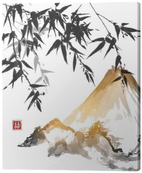 download bamboo and mountains hand drawn with ink in traditional genkouyoushi paper