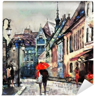 Oil Painting On Canvas European City - European City Wall Painting (400x400), Png Download
