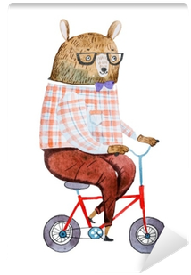 Cartoon Bear Dressed Up In Hipster Clothes Riding A - Watercolor Painting (400x400), Png Download