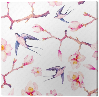 Watercolor Spring With Swallow Seamless Pattern - Swallows And Pink Flowers Painting (400x400), Png Download