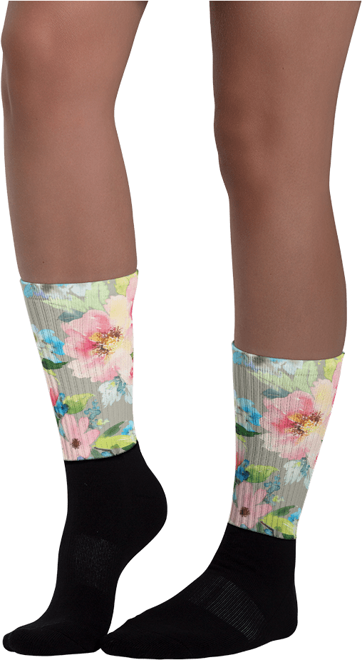 Watercolor Floral Black Foot Socks - Sock (1000x1000), Png Download