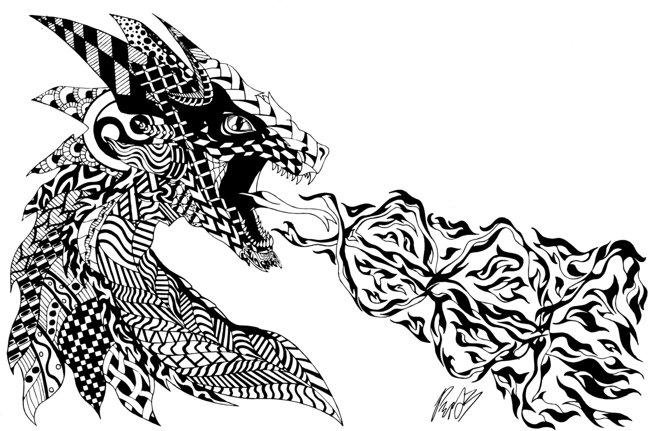 Dragon Horse Drawing Fire Breathing Line Art - Dragon Zentangle (1280x852), Png Download