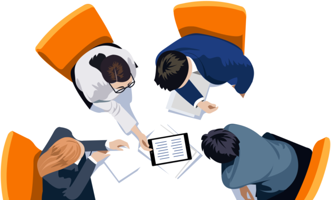 Business People Sitting On A Table Looking At A Tablet - Cap Digital (1038x493), Png Download