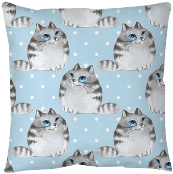 Watercolor Cartoon Cats, Blue Seamless Pattern Throw - Cat (400x400), Png Download