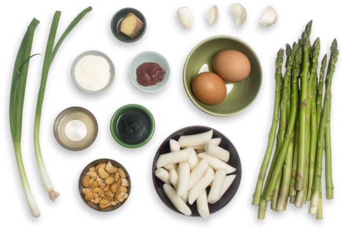 Spicy Vegetable Tteokbokki With Asparagus, Soft-boiled - Egg (700x477), Png Download