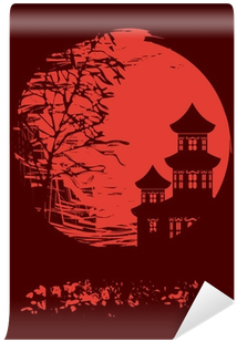 Autumn Tree And Two Pagodas On A Red Moon - Vector Graphics (400x400), Png Download