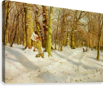 Children Walking To Snow Playground Canvas Print - Snowy Forest Road In Sunlight (429x358), Png Download