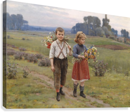 Children Walking Home Canvas Print - Little Boy And Girl Painting (429x372), Png Download