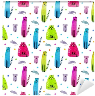 Seamless Pattern Of A Funny Cat, Mouse And Balls - Watercolor Painting (400x400), Png Download