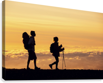Silhouettes Of Two Hikers With Backpacks Walking At - Trekking (429x349), Png Download