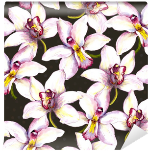 Seamless Floral Background With White Orchid Flower - Drawing (400x400), Png Download