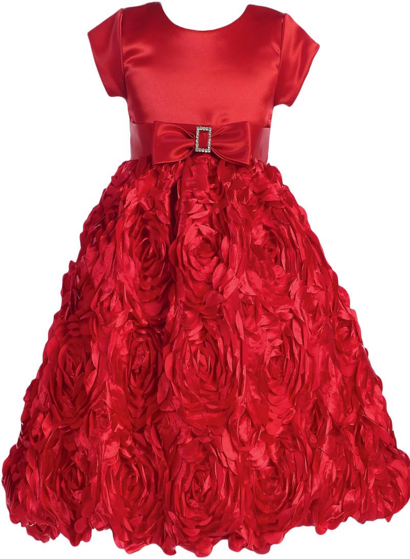 Red Satin Holiday Dress W Floral Satin Ribbon Skirting - Lito Children's Wear Made In The Usa - Red Satin Bodice (800x1200), Png Download