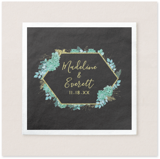 Aqua Teal Watercolor Succulents Gold Foil Frame & Black - Wedding (548x587), Png Download
