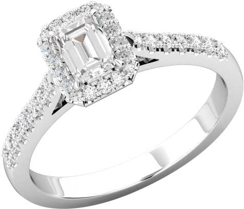 A Stunning Emerald Cut Diamond Halo Ring With Shoulder - Pre-engagement Ring (500x500), Png Download