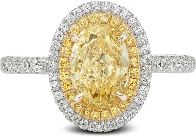 Ring Lumière Yellow Diamond Halo Oval White Diamonds - Double Halo Light Yellow Oval Diamond Ring (1000x1000), Png Download