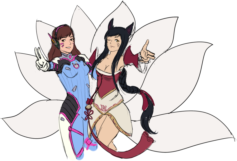 Dva Drawing Ahri - Cartoon (1023x654), Png Download