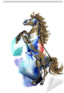 Rearing Horse Black And Gold Drawing On A Watercolor - Watercolor Painting (400x400), Png Download