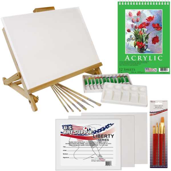 Acrylic Painting Table Easel Set - Us Art Supply Acrylic Painting Set 33 Piece Wood Adjustable (600x600), Png Download