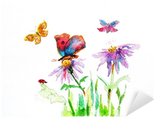 Watercolor Drawing Of A Flower With A Butterfly Sticker - Shabby Chic Shower Curtain By Ambesonne, Watercolour (400x400), Png Download