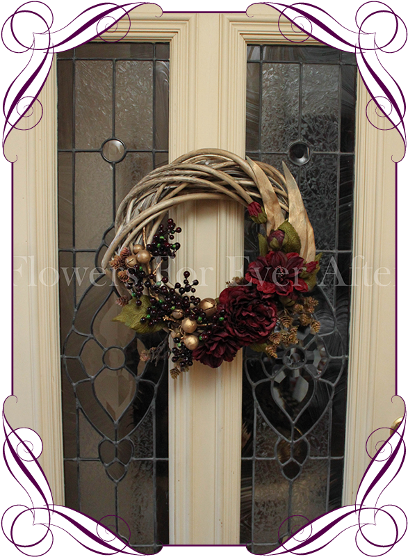 Small Burgundy And Gold Christmas Door Wreath / Hanger - Flowers For Ever After (608x822), Png Download