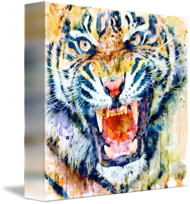 Tiger Face Watercolor Closeup By Marian Voicu - Watercolor Painting (606x650), Png Download