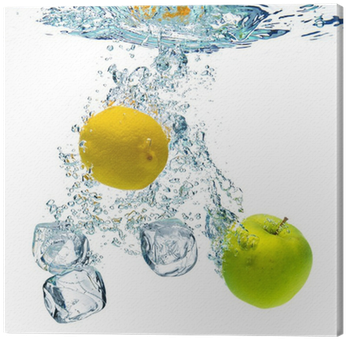 Ice Cubes, Lemon And Apple Are Dropped Into Water Canvas - Скинали Фрукты (400x400), Png Download